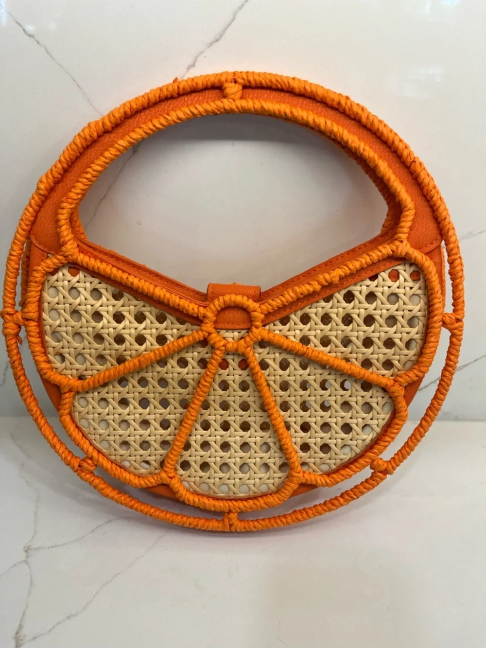 Orange Citrus Woven Statement Handbag Round Straw Look Summer Bag Boho Chic NWOT - Picture 5 of 5